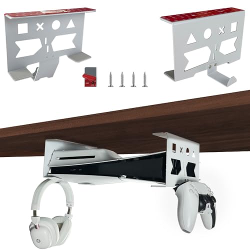 Chanvoo Aluminum Under Desk Mount for PS5PS5 Slim PS5 Pro Digital Disc Securing Under Desk Bracket with Detachable Controller Headphone Holder Kit No Drill White - Image 1