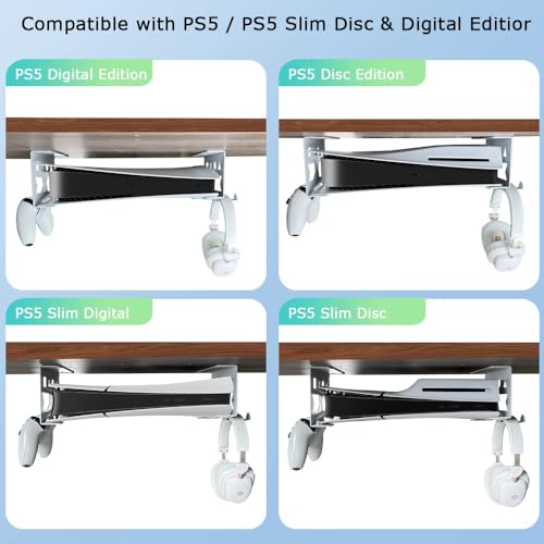 Chanvoo Aluminum Under Desk Mount for PS5PS5 Slim PS5 Pro Digital Disc Securing Under Desk Bracket with Detachable Controller Headphone Holder Kit No Drill White - Image 3