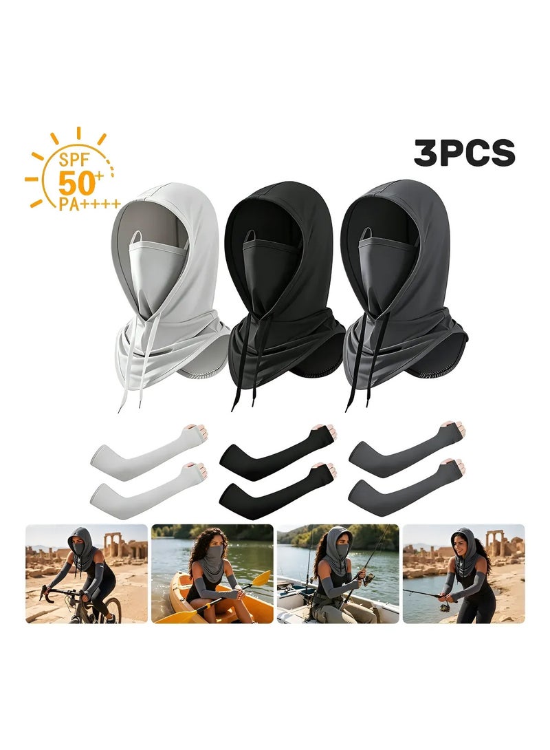 HaDoii 3-Pack UV Protection Face Mask + Cooling Arm Sleeves Set,  UPF 50 Sun Block Neck Gaiter with Ear Loops & Thumb Hole Sleeves for Cycling Fishing Mountaineering Sports, Arm Sleeves Black/White/Gray,Unisex - Image 1