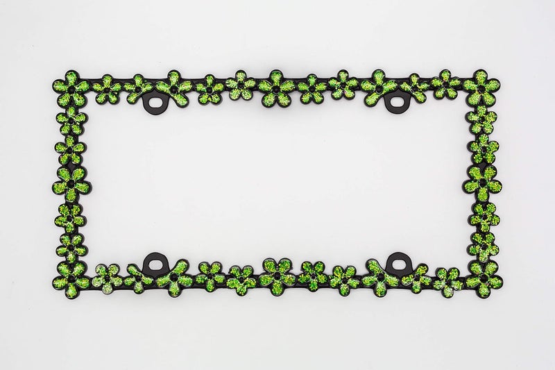 CRAFTHOME 3D Shining Daisy Wrenth License Plate Frame from Pure Zinc Alloy Metal Perfect Plate Holder, Matt Black with Green Glitter - Image 2