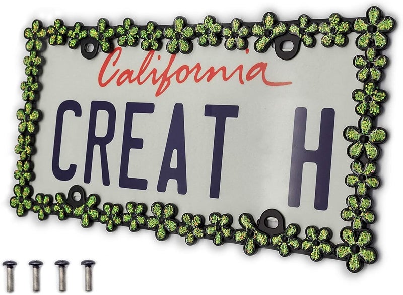 CRAFTHOME 3D Shining Daisy Wrenth License Plate Frame from Pure Zinc Alloy Metal Perfect Plate Holder, Matt Black with Green Glitter - Image 1