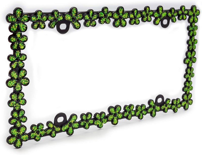 CRAFTHOME 3D Shining Daisy Wrenth License Plate Frame from Pure Zinc Alloy Metal Perfect Plate Holder, Matt Black with Green Glitter - Image 3