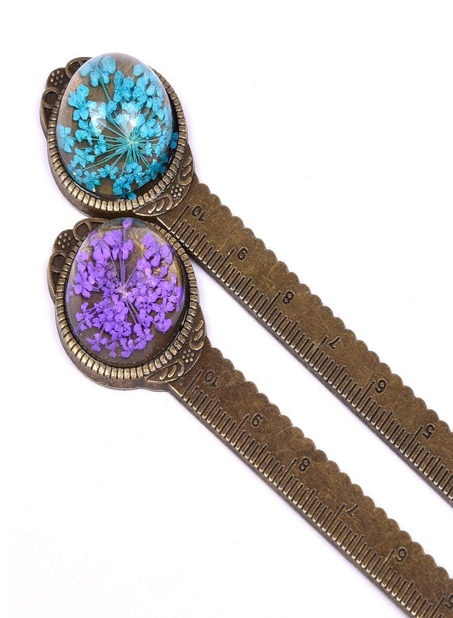 Wisdompro 2 Pcs Metal Bookmark, Retro Vintage Bronze Book Mark Ruler with Dried Flower, Packaged in a Gift Box - an Ideal Gift for Kids, Students, Teachers, Book Lovers - Blue & Purple - Image 2