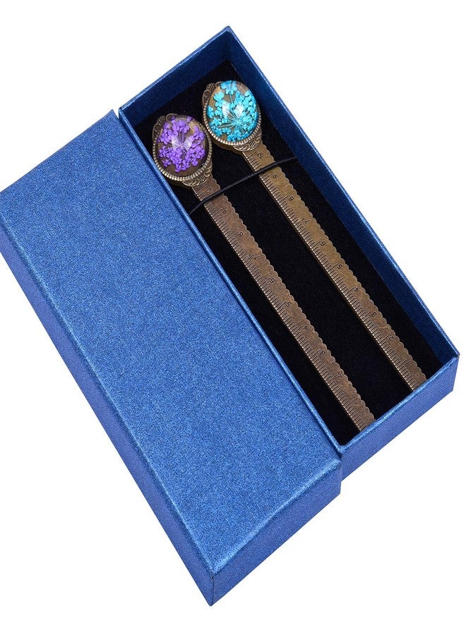 Wisdompro 2 Pcs Metal Bookmark, Retro Vintage Bronze Book Mark Ruler with Dried Flower, Packaged in a Gift Box - an Ideal Gift for Kids, Students, Teachers, Book Lovers - Blue & Purple - Image 1