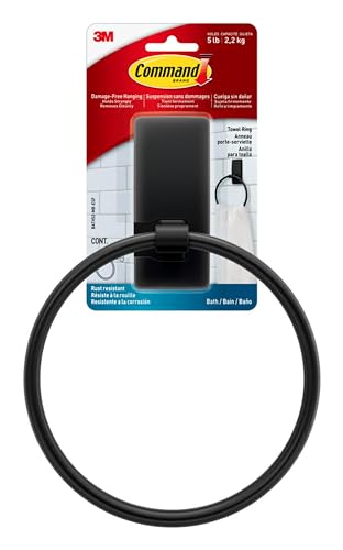 Command Hand Towel Holder Matte Black with Water Resistant Command Strips, Rust Resistant Bathroom Organizer, Holds up to 5 lbs, 1 Ring - Image 1