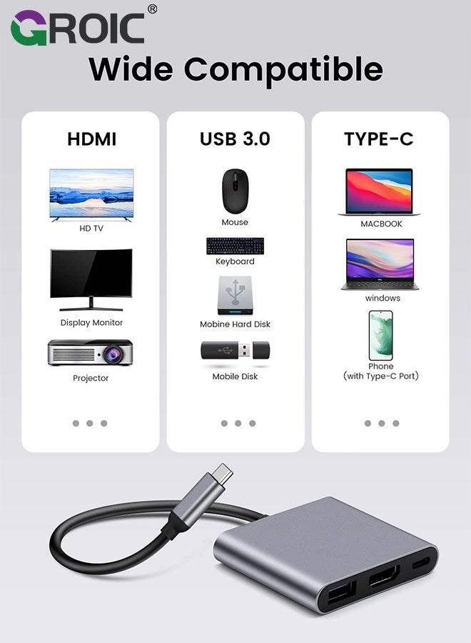 GROIC Grey USB C to HDMI Adapter, 4K Video Converter with USB 3.0 and Type-C Charging Port, USB-C Digital AV Multiport Adapter for Mac and USB Type-C Devices - Image 2