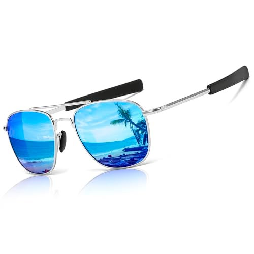 SUNGAIT Mens Military Style Polarized Pilot Aviator Sunglasses Bayonet Temples Silver FrameBlue Mirrored Lens SGT285YBL - Image 1