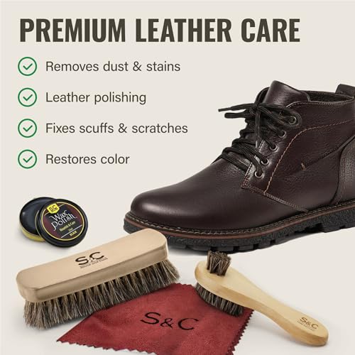 Stone and Clark Stone & Clark 12PC Shoe Polish & Care Kit, Leather Shoe Shine Kit with Brown Wax, Shoe Brushes for Polishing, Shine Cloth & Shoe Horn, Compact Shoe Cleaning Kit with Horse Hair Brushes & PU - Image 2