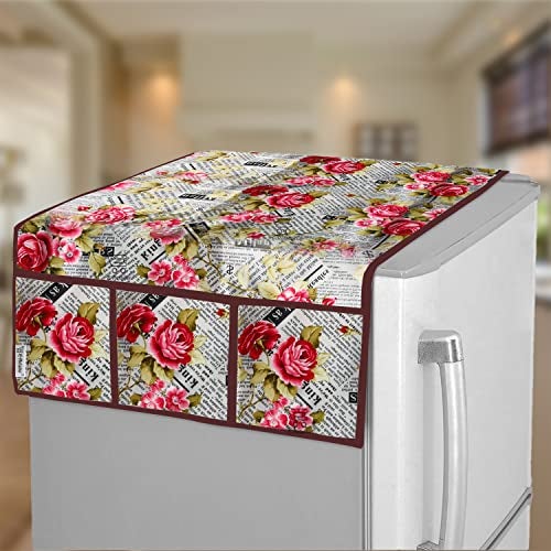 E-Retailer® Polyester 3-Layered Digital Printed Fridge Top Cover/Refrigerator Cover With 6 Utility Pockets (Color-Red, Size-39x21 Inches) - Image 1