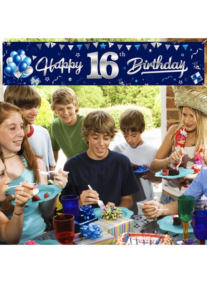 Lnlofen Lnlofen Blue Silve 16th Birthday Banner Decorations, Happy 16 Birthday Yard Banner Sign for Boys, Sweet 16 Year Old Birthday Background Décor for Indoor Outdoor  - Image 4