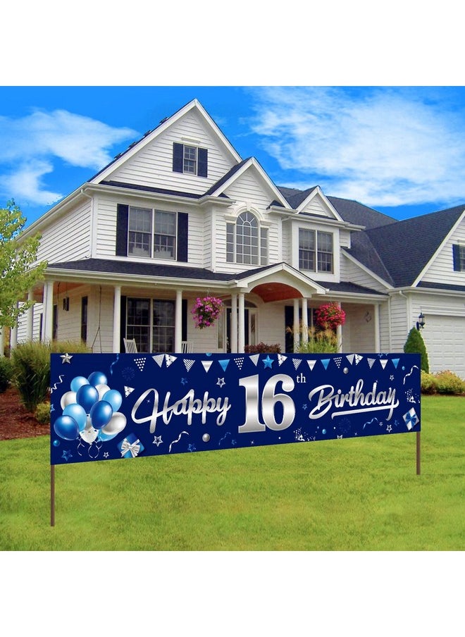 Lnlofen Lnlofen Blue Silve 16th Birthday Banner Decorations, Happy 16 Birthday Yard Banner Sign for Boys, Sweet 16 Year Old Birthday Background Décor for Indoor Outdoor  - Image 1