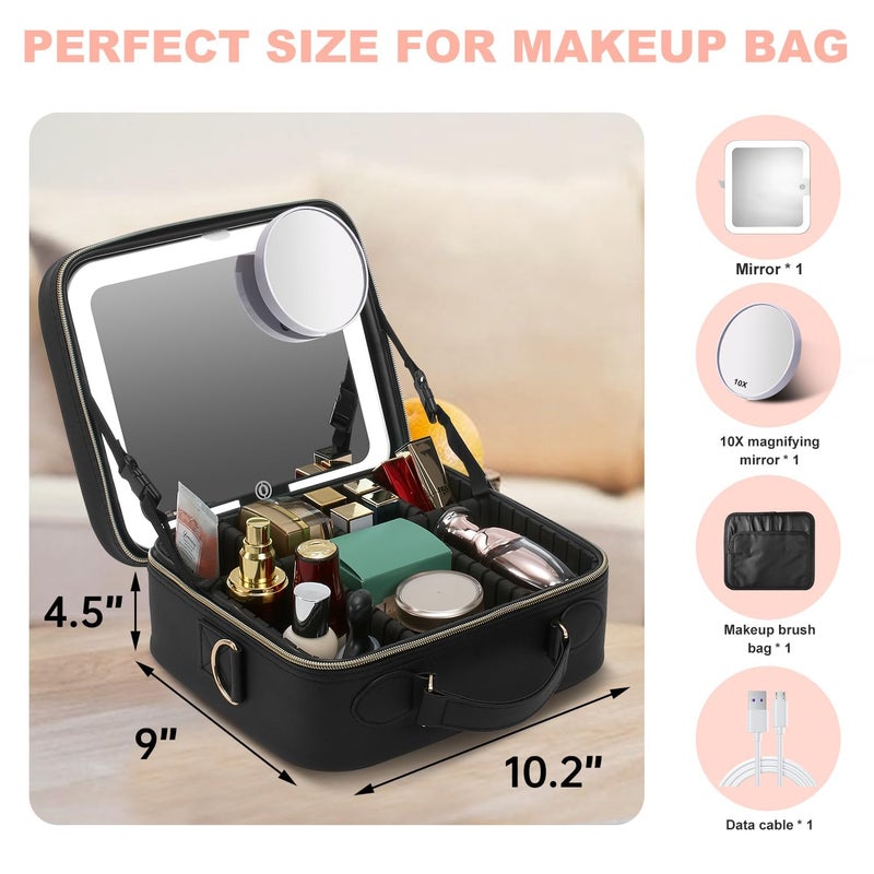 POPSHY POPSHY LED Mirror Makeup Organizer Travel Makeup Case with 3 Color Lighted Setting and 10x Magnifying Mirror Portable Vanity Bag with Adjustable Dividers Makeup Sponge Included Multi Colour  - Image 2