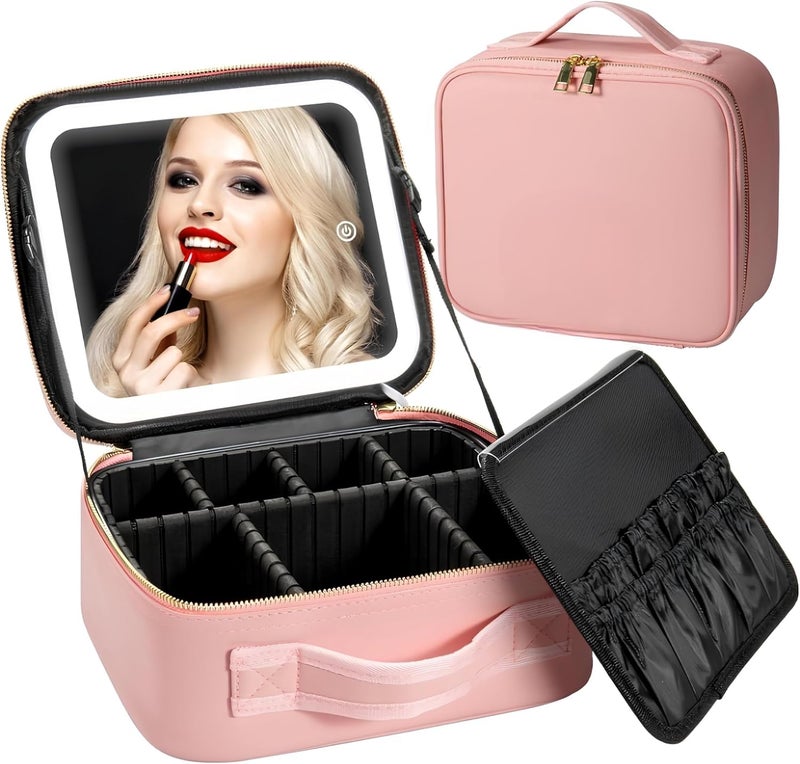 POPSHY POPSHY LED Mirror Makeup Organizer Travel Makeup Case with 3 Color Lighted Setting and 10x Magnifying Mirror Portable Vanity Bag with Adjustable Dividers Makeup Sponge Included Multi Colour  - Image 1