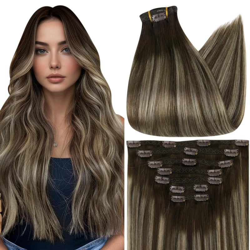 إضافات شعر حقيقية بطول 24 بوصة بلون بني بالياج، إضافات شعر حقيقية بنظام الكليب من بني إلى أشقر، 7 قطع 120 جرام