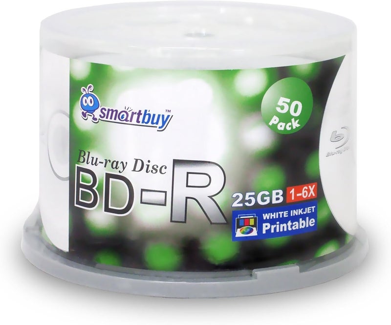Smartbuy 100-disc 25GB 6X BD-R Blu-Ray White Inkjet Hub Printable Blank Media Disc + Free Micro Fiber Cloth - Image 1