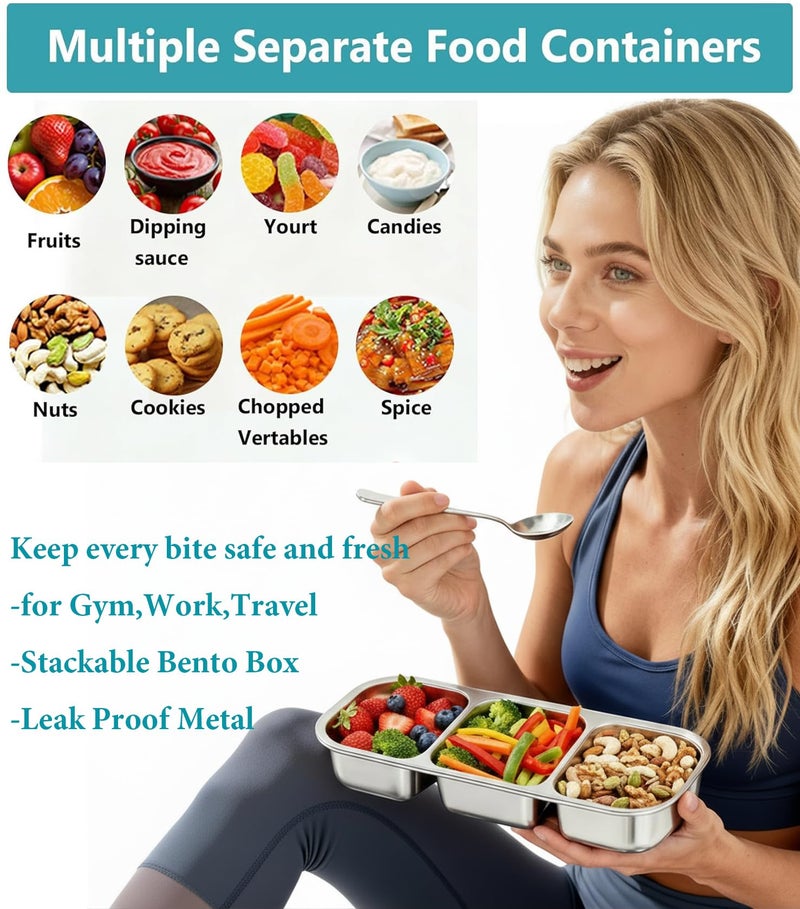 Besmall Snack Containers with Airtight Lids Reusable Stainless Steel 3-Compartment Metal Bento Lunch Box for Adults, Divided Food Storage Lunchable Meal Prep Containers, Snack Box with Spoon Sauce Jar - Image 5