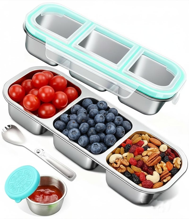 Besmall Snack Containers with Airtight Lids Reusable Stainless Steel 3-Compartment Metal Bento Lunch Box for Adults, Divided Food Storage Lunchable Meal Prep Containers, Snack Box with Spoon Sauce Jar - Image 1