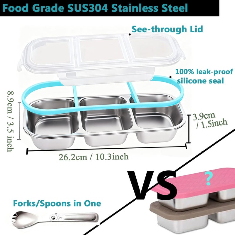 Besmall Snack Containers with Airtight Lids Reusable Stainless Steel 3-Compartment Metal Bento Lunch Box for Adults, Divided Food Storage Lunchable Meal Prep Containers, Snack Box with Spoon Sauce Jar - Image 4
