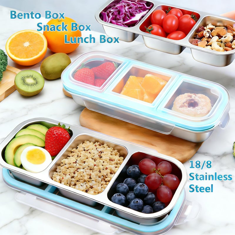 Besmall Snack Containers with Airtight Lids Reusable Stainless Steel 3-Compartment Metal Bento Lunch Box for Adults, Divided Food Storage Lunchable Meal Prep Containers, Snack Box with Spoon Sauce Jar - Image 2
