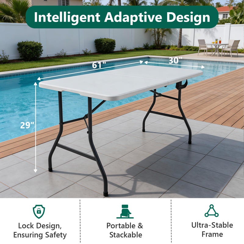 MAKE CHANGES Folding Table, 5FT Foldable Picnic Table with Carrying Handle, Heavy Duty Fold-in-Half Portable Table for Weddings, Camping, RV Travel, Parties, BBQs, and Indoor Use, Easy to Fold and Store, White - Image 3