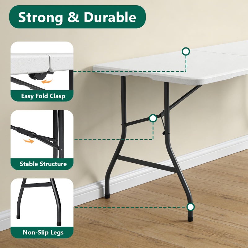 MAKE CHANGES Folding Table, 5FT Foldable Picnic Table with Carrying Handle, Heavy Duty Fold-in-Half Portable Table for Weddings, Camping, RV Travel, Parties, BBQs, and Indoor Use, Easy to Fold and Store, White - Image 2