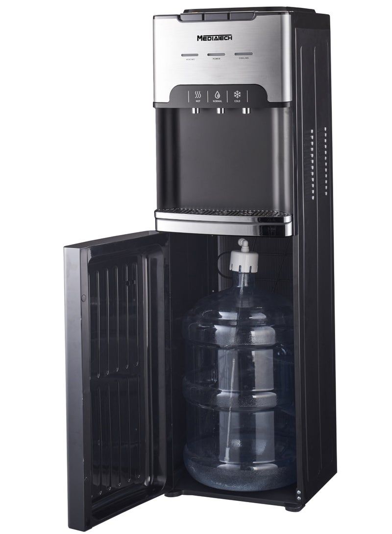 Media Tech Bottom-loading water dispenser with 3 taps (cold, hot, normal), featuring an antibacterial ABS body, high-efficiency compressor cooling, thermostat control, a 304 stainless steel water tank, and a child safety lock for hot water. - Image 2