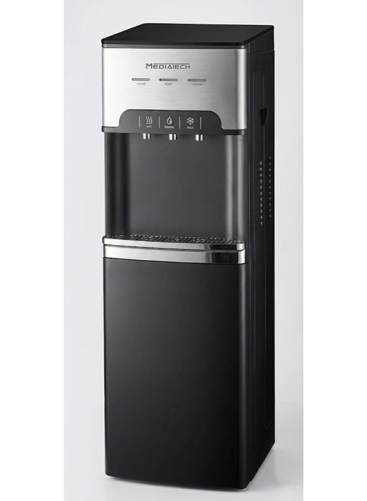 Media Tech Bottom-loading water dispenser with 3 taps (cold, hot, normal), featuring an antibacterial ABS body, high-efficiency compressor cooling, thermostat control, a 304 stainless steel water tank, and a child safety lock for hot water. - Image 1