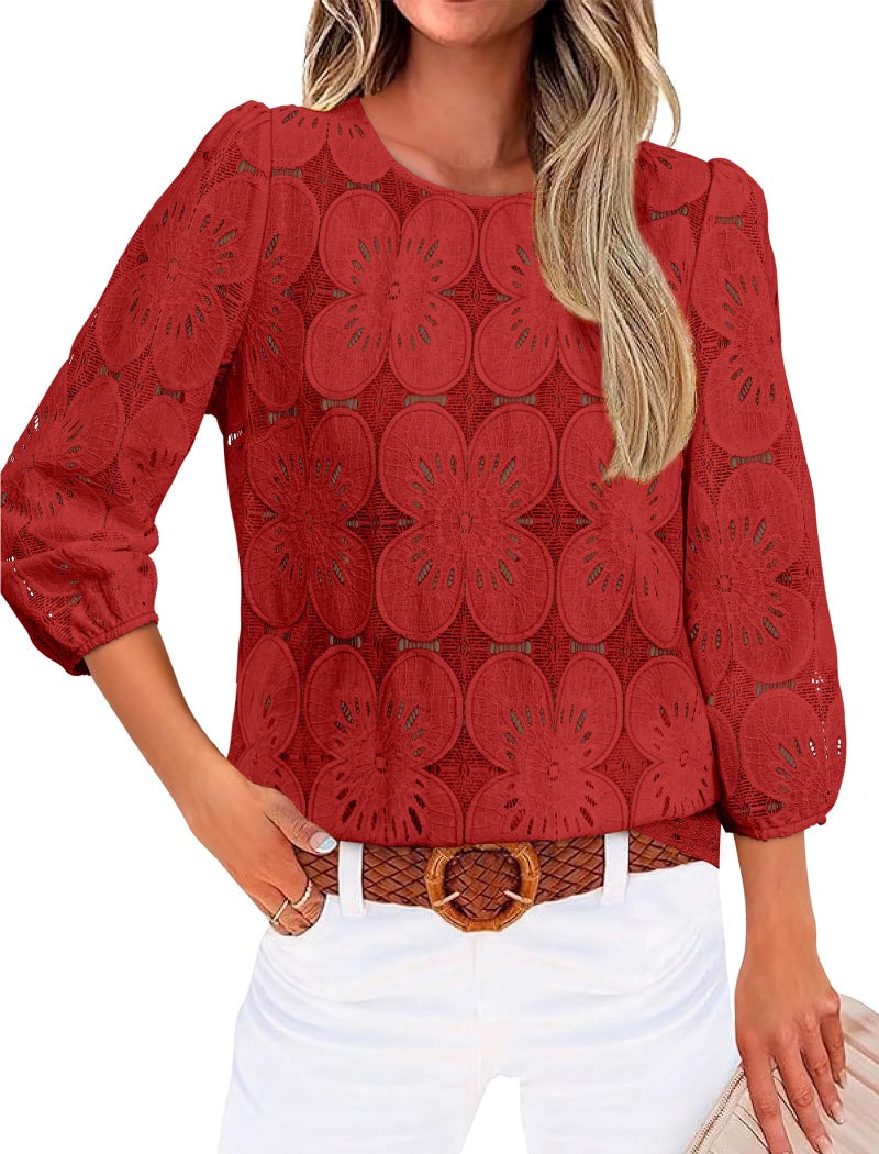 Sampeel 3/4 Sleeve Blouses for Women Business Casual Tops Puff Short Sleeve Shirts Eyelet Plus Size Womens Clothing Fashion Airport Travel Outfits Red 2XL - Image 2