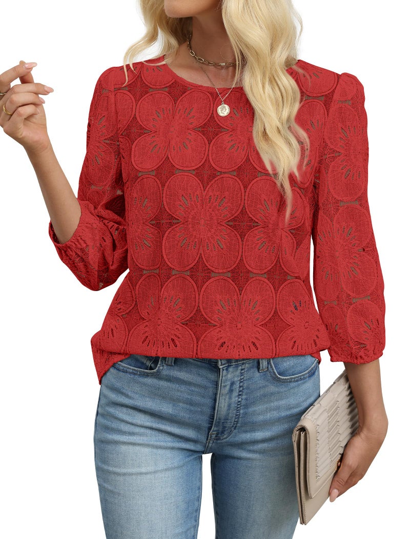 Sampeel 3/4 Sleeve Blouses for Women Business Casual Tops Puff Short Sleeve Shirts Eyelet Plus Size Womens Clothing Fashion Airport Travel Outfits Red 2XL - Image 5