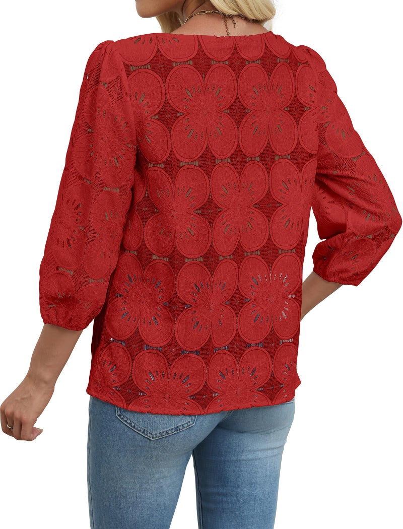 Sampeel 3/4 Sleeve Blouses for Women Business Casual Tops Puff Short Sleeve Shirts Eyelet Plus Size Womens Clothing Fashion Airport Travel Outfits Red 2XL - Image 3