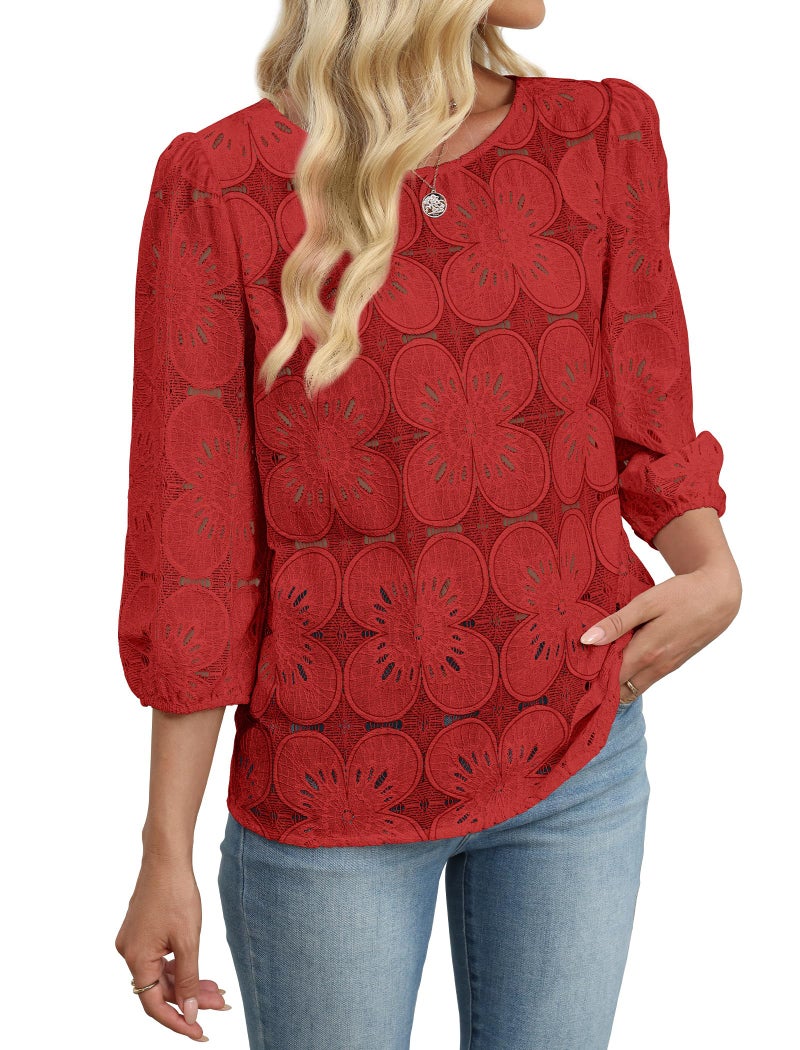 Sampeel 3/4 Sleeve Blouses for Women Business Casual Tops Puff Short Sleeve Shirts Eyelet Plus Size Womens Clothing Fashion Airport Travel Outfits Red 2XL - Image 4