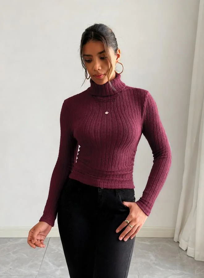 Take Two Women Burgundy Ribbed Turtleneck Top