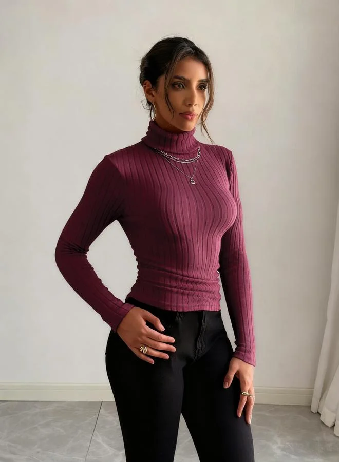 Take Two Women Burgundy Ribbed Turtleneck Top