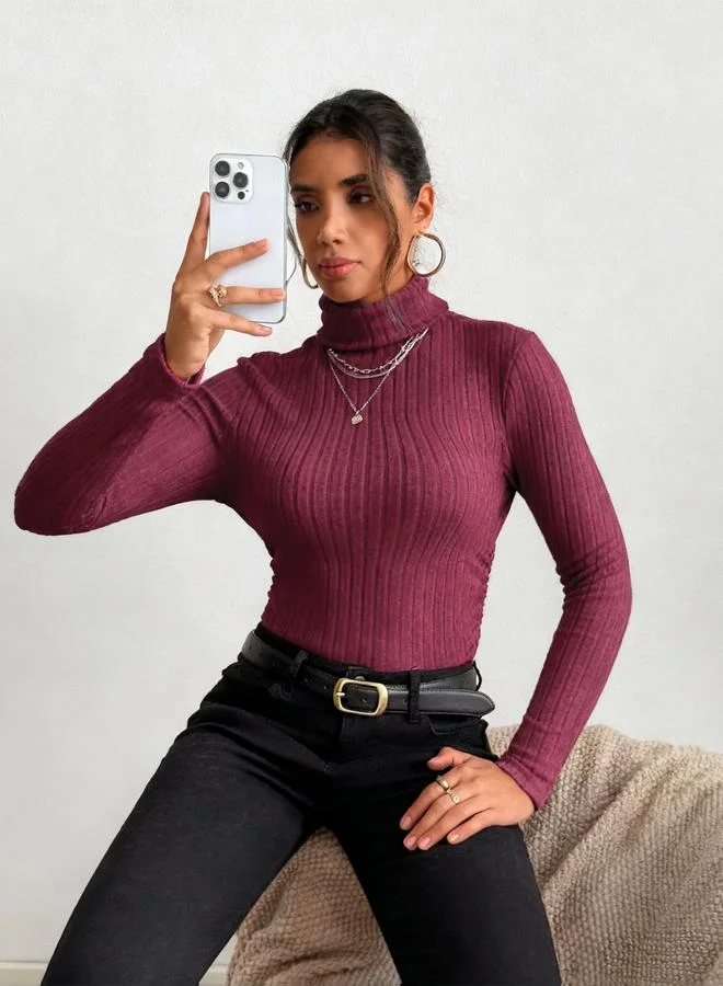 Take Two Women Burgundy Ribbed Turtleneck Top