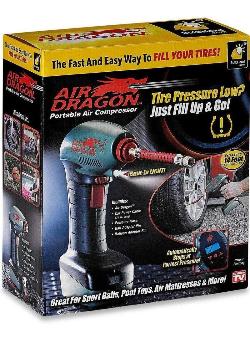 AIR DRAGON - Portable air compressor, Tire Inflator for Car, Motorcycle Bike, Balls, air bed, quick inflation, durable build with digital gauge display and LED light, versatile use. - Image 1