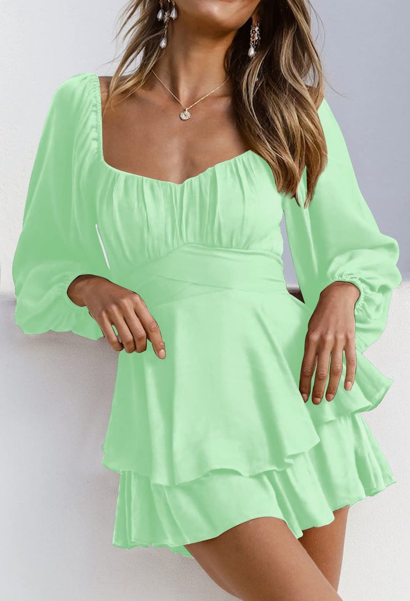 Fixmatti Women One Piece Shorts Romper Outfits Chiffon Boat Neck Tie Back Long Sleeve Mini Playsuit Green L - Image 3