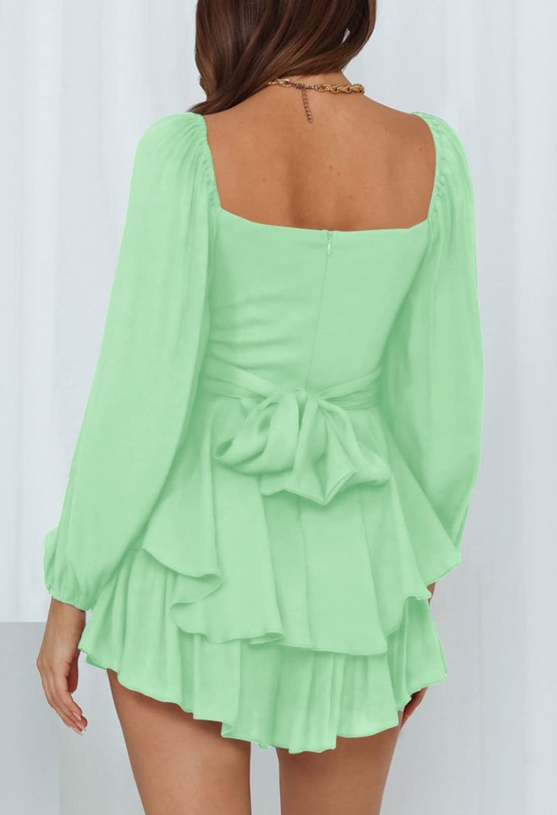 Fixmatti Women One Piece Shorts Romper Outfits Chiffon Boat Neck Tie Back Long Sleeve Mini Playsuit Green L - Image 5