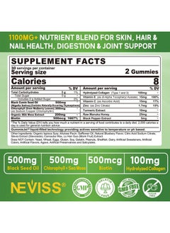 NEVISS NEVISS Black Seed Oil Gummies, Chlorophyll & Sea Moss Supplement 500mg, Biotin 500mcg with Hydrolyzed Collagen for Skin, Hair & Nails Health, Digestion, Joint, Organic Cold Pressed - High Absorption  - Image 2