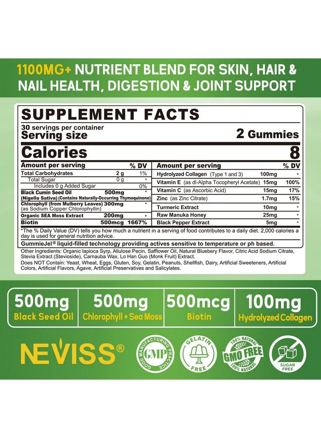 NEVISS Black Seed Oil Gummies, Chlorophyll & Sea Moss Supplement 500mg, Biotin 500mcg with Hydrolyzed Collagen for Skin, Hair & Nails Health, Digestion, Joint, Organic Cold Pressed - High Absorption - Image 2