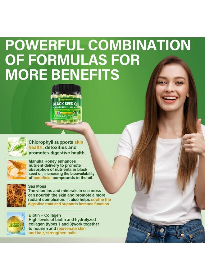NEVISS Black Seed Oil Gummies, Chlorophyll & Sea Moss Supplement 500mg, Biotin 500mcg with Hydrolyzed Collagen for Skin, Hair & Nails Health, Digestion, Joint, Organic Cold Pressed - High Absorption - Image 4