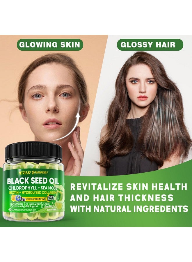 NEVISS Black Seed Oil Gummies, Chlorophyll & Sea Moss Supplement 500mg, Biotin 500mcg with Hydrolyzed Collagen for Skin, Hair & Nails Health, Digestion, Joint, Organic Cold Pressed - High Absorption - Image 5