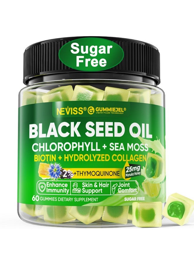 NEVISS Black Seed Oil Gummies, Chlorophyll & Sea Moss Supplement 500mg, Biotin 500mcg with Hydrolyzed Collagen for Skin, Hair & Nails Health, Digestion, Joint, Organic Cold Pressed - High Absorption - Image 1