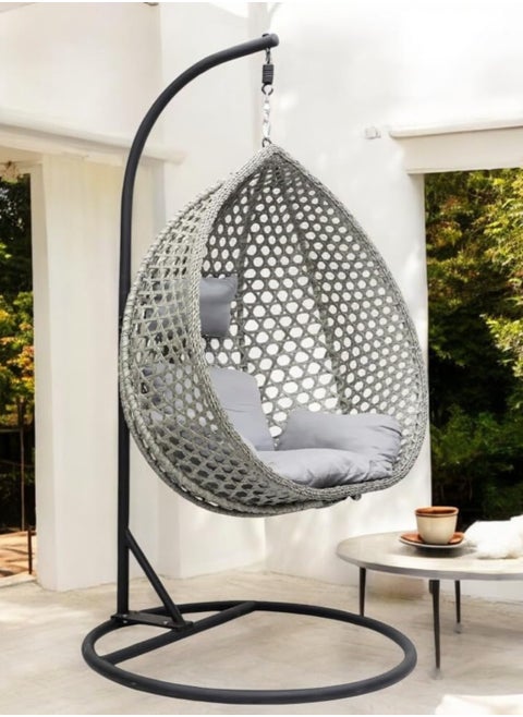 Foldable Egg Swing Chair with Stand – Wicker Rattan Hanging Chair with Cushion & Pillow BLACK GREY