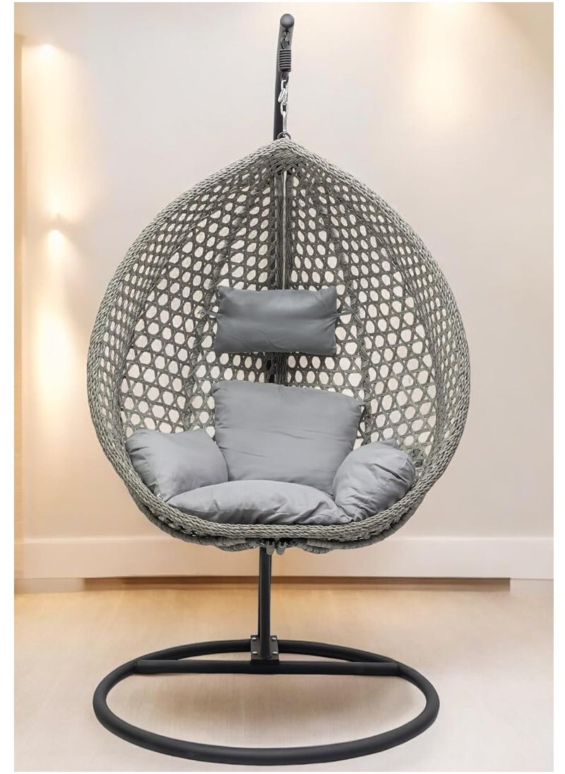Foldable Egg Swing Chair with Stand – Wicker Rattan Hanging Chair with Cushion & Pillow BLACK GREY