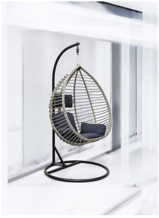 Foldable Egg Swing Chair with Stand – Wicker Rattan Hanging Chair with Cushion & Pillow BLACK GREY