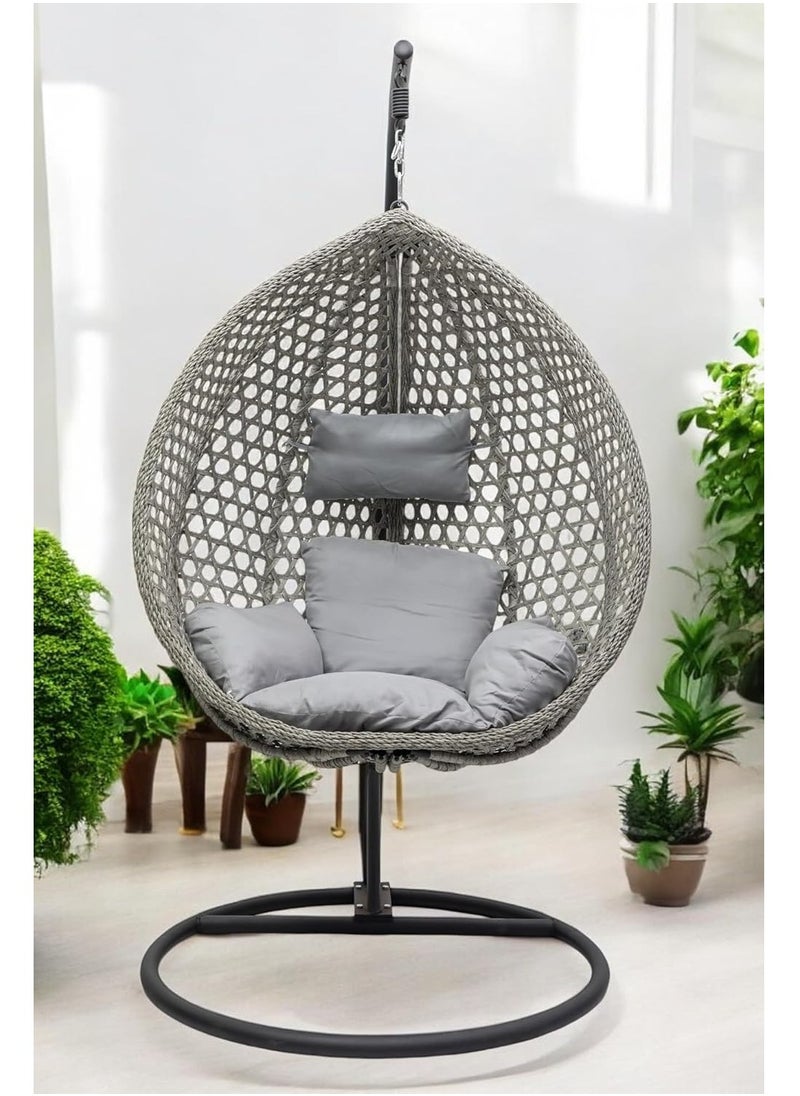 Foldable Egg Swing Chair with Stand – Wicker Rattan Hanging Chair with Cushion & Pillow BLACK GREY