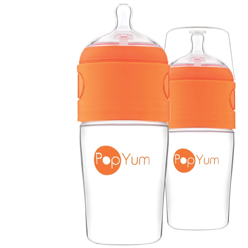 PopYum 9 oz Orange Anti-Colic Formula Making/Mixing/Dispenser Baby Bottles, 2-Pack with #2 Medium Flow Nipples, 260 ml, BPA-Free, Natural Latch - Image 1
