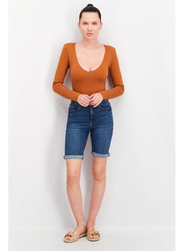 Mohito Women Regular Fit Cuffed Hem Denim Short, Blue Wash  - Image 3