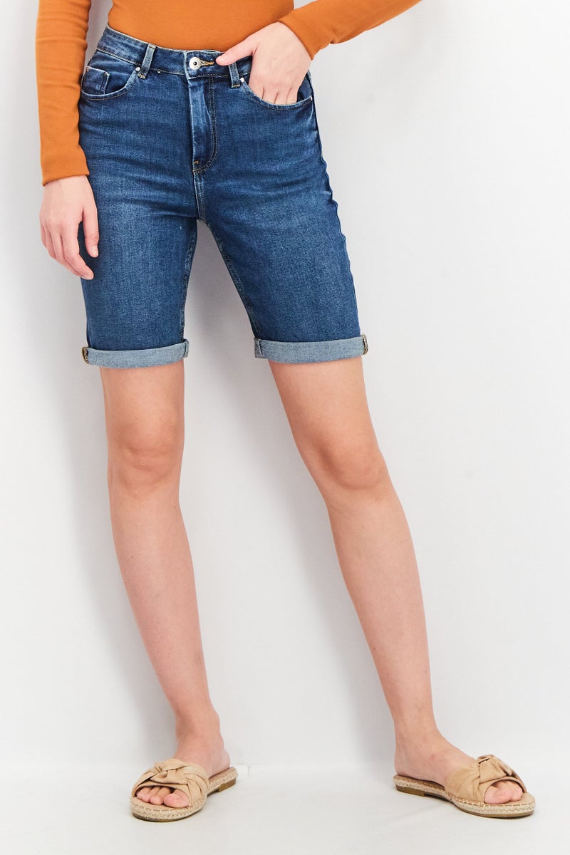 Mohito Women Regular Fit Cuffed Hem Denim Shorts, Blue Wash - Image 1