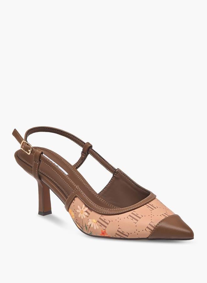 ايل صنادل نسائية بكعب رفيع وطبعة شعار وإغلاق بإبزيم - Image 1